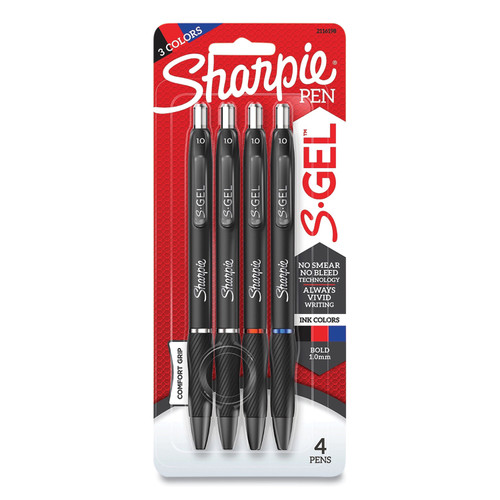 S-Gel High-Performance Gel Pen, Retractable, Bold 1 Mm, Assorted Ink Colors, Black Barrel, 4/Pack [SKU: SAN2116198]
