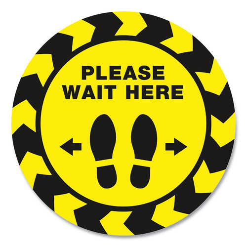 Social Distancing Floor Decals, 10.5" Dia, Please Wait Here, Yellow/Black Face, Black Graphics, 5/Pack [SKU: AVE83020]