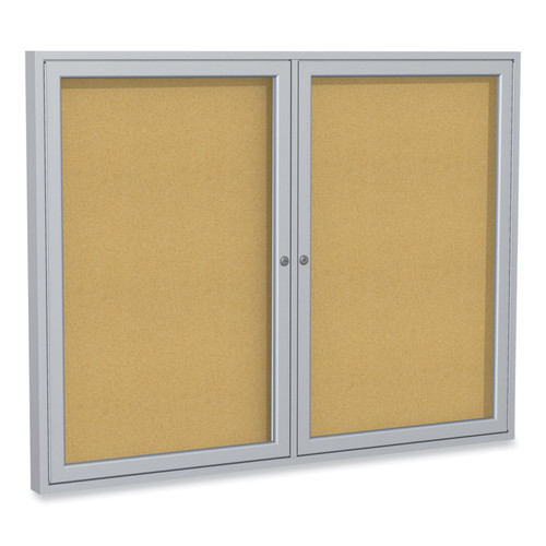2 Door Enclosed Natural Cork Bulletin Board With Satin Aluminum Frame, 60 X 48, Tan Surface, Ships In 7-10 Business Days [SKU: GHEPA24860K]