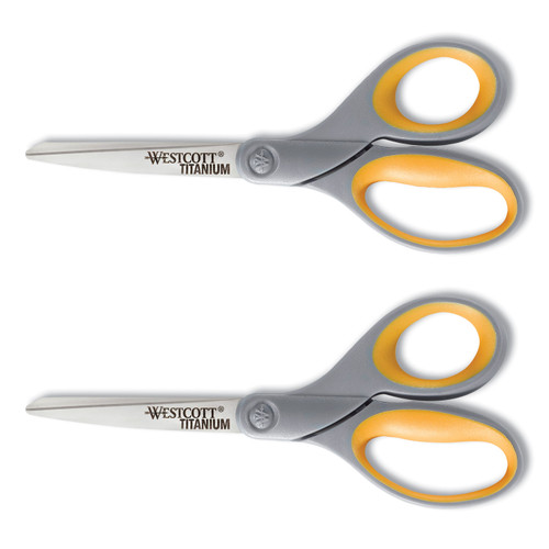 Titanium Bonded Scissors, 8" Long, 3.5" Cut Length, Gray/Yellow Straight Handles, 2/Pack [SKU: ACM13901]