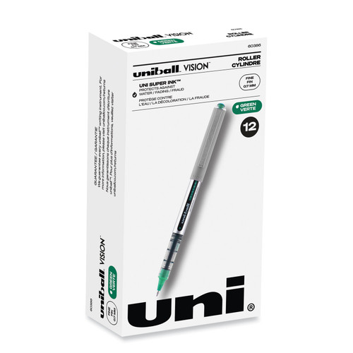 Vision Roller Ball Pen, Stick, Fine 0.7 Mm, Green Ink, Silver/Green/Clear Barrel, Dozen [SKU: UBC60386]