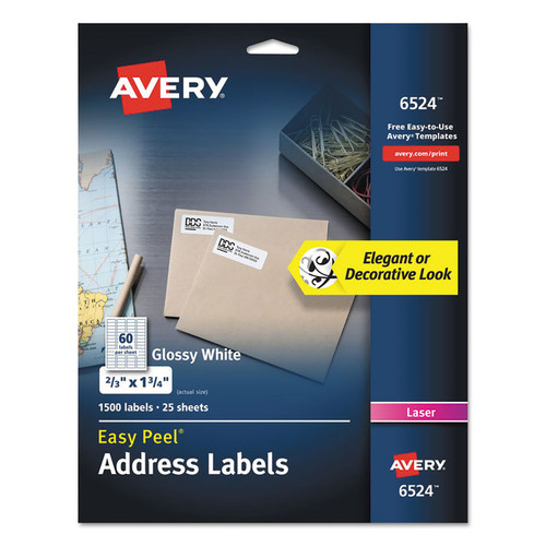 Glossy White Easy Peel Mailing Labels w/ Sure Feed Technology, Laser Printers, 0.66 x 1.75, White, 60/Sheet, 25 Sheets/Pack [SKU: AVE6524]