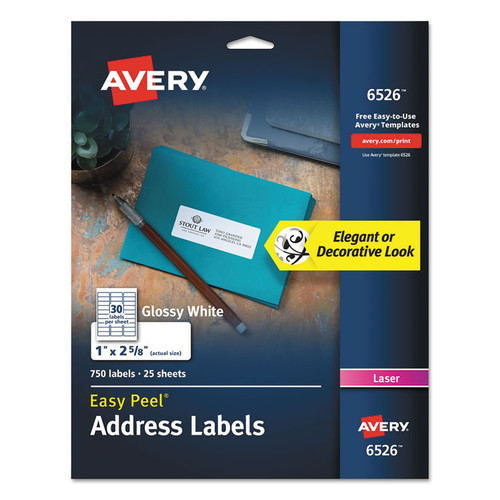 Glossy White Easy Peel Mailing Labels w/ Sure Feed Technology, Laser Printers, 1 x 2.63, White, 30/Sheet, 25 Sheets/Pack [SKU: AVE6526]