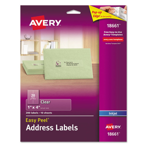Matte Clear Easy Peel Mailing Labels W/ Sure Feed Technology, Inkjet Printers, 1 X 4, Clear, 20/Sheet, 10 Sheets/Pack [SKU: AVE18661]