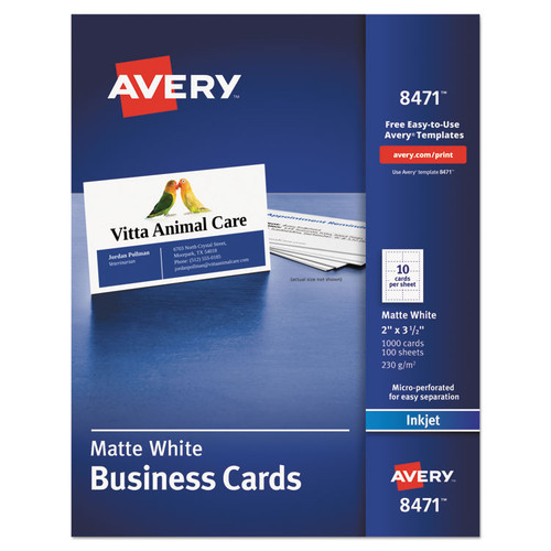 Printable Microperforated Business Cards W/Sure Feed Technology, Inkjet, 2 X 3.5, White, 1,000 Cards, 10/Sheet, 100 Sheets/Bx [SKU: AVE8471]