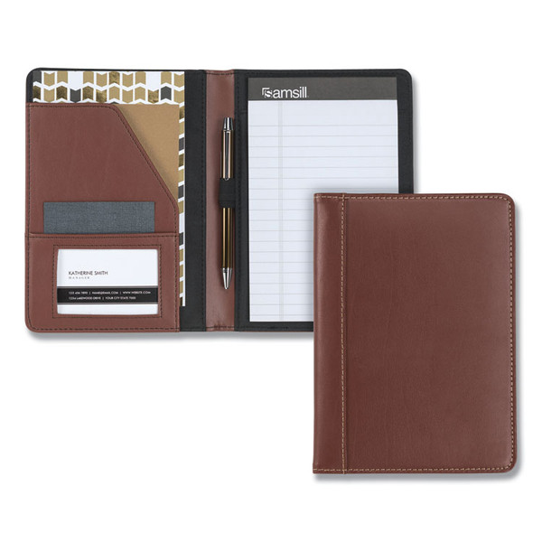 Contrast Stitch Leather Padfolio, 6.25w x 8.75h, Open Style, Brown [SKU: SAM71736]