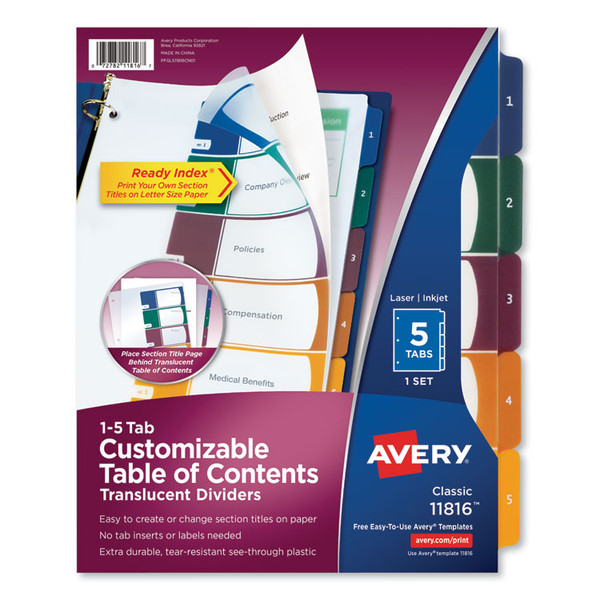 Customizable Table of Contents Ready Index Dividers with Multicolor Tabs, 5-Tab, 1 to 5, 11 x 8.5, Translucent, 1 Set [SKU: AVE11816]