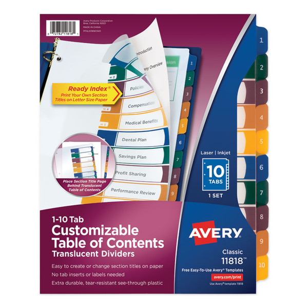 Customizable Table of Contents Ready Index Dividers with Multicolor Tabs, 10-Tab, 1 to 10, 11 x 8.5, Translucent, 1 Set [SKU: AVE11818]