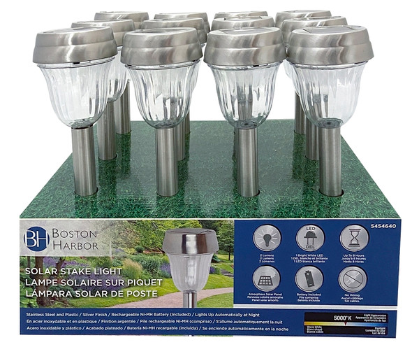 Boston Harbor 24173 Solar Stake Light, Ni-Mh Battery, 1-Lamp, LED Lamp, Metal Plastic Fixture, Battery Included: Yes [SKU: ORG5454640]