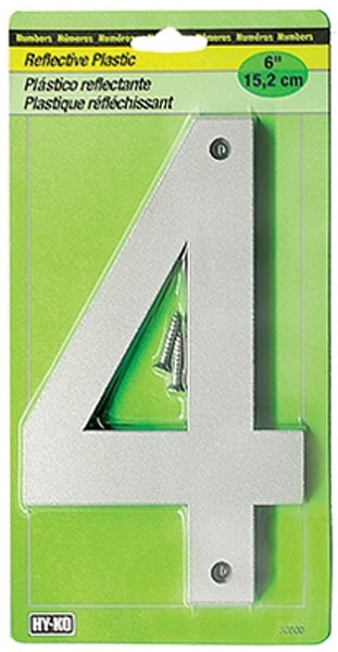 HY-KO 30800 Series 30804 Reflective Sign, Character: 4, 6 in H Character, Black/Silver Character, Plastic [SKU: ORG0234195]