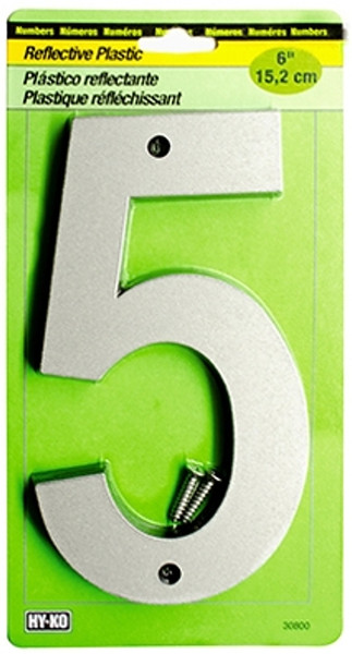 HY-KO 30800 Series 30805 Reflective Sign, Character: 5, 6 in H Character, Black/Silver Character, Plastic [SKU: ORG0234203]
