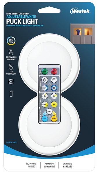 Westek BL-PCCT-W2 Adjustable Puck Light, AA Battery, LED Lamp, 80 Lumens, 3000, 4000, 5000 K Color Temp, White [SKU: ORG2757052]