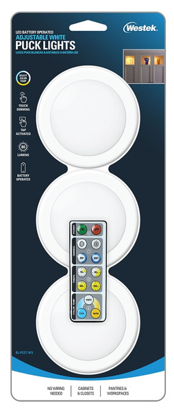 Westek BL-PCCT-W3 Adjustable Puck Light, AA Battery, LED Lamp, 80 Lumens, 3000, 4000, 5000 K Color Temp, White [SKU: ORG2757078]