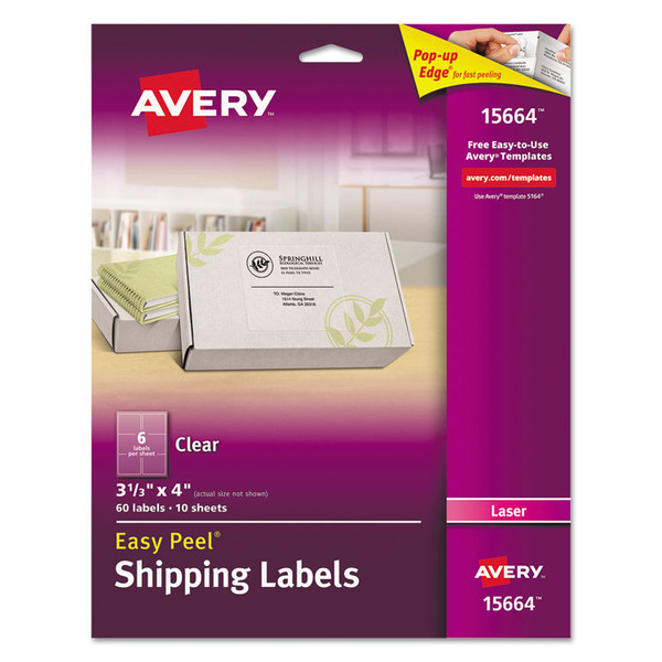 Matte Clear Easy Peel Mailing Labels w/ Sure Feed Technology, Laser Printers, 3.33 x 4, Clear, 6/Sheet, 10 Sheets/Pack [SKU: AVE15664]