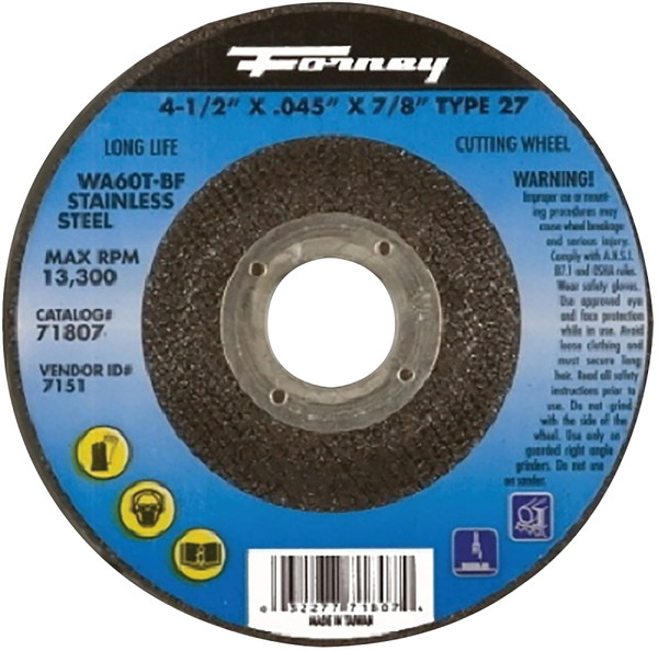 Forney 71807 Cut-Off Wheel, 4-1/2 in Dia, 0.045 in Thick, 7/8 in Arbor, 46 Grit, Medium, Aluminum Oxide Abrasive [SKU: ORG8911406]