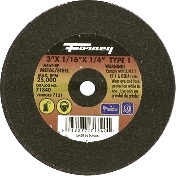 Forney 71840 Cut-Off Wheel, 3 in Dia, 1/16 in Thick, 1/4 in Arbor, 46 Grit, Medium, Aluminum Oxide Abrasive [SKU: ORG8911430]