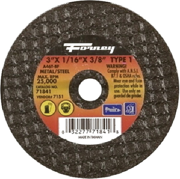 Forney 71841 Cut-Off Wheel, 3 in Dia, 1/16 in Thick, 3/8 in Arbor, 46 Grit, Medium, Aluminum Oxide Abrasive [SKU: ORG8911448]