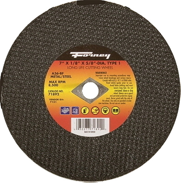 Forney 71892 Cut-Off Wheel, 7 in Dia, 1/8 in Thick, 5/8 in Arbor, 24 Grit, Coarse, Aluminum Oxide Abrasive [SKU: ORG8911851]