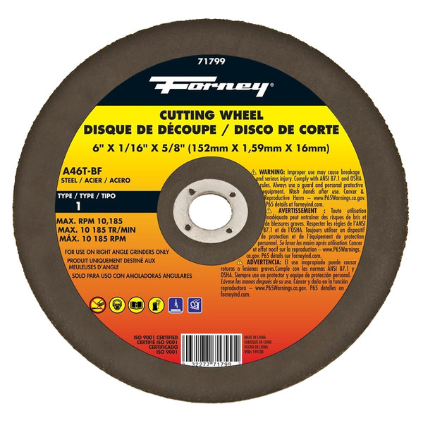Forney 71799 Cut-Off Wheel, 6 in Dia, 1/16 in Thick, 5/8 in Arbor, 50 Grit, Coarse, Aluminum Oxide Abrasive [SKU: ORG8926370]