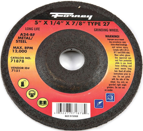 Forney 71878 Grinding Wheel, 5 in Dia, 1/4 in Thick, 7/8 in Arbor, 24 Grit, Coarse, Aluminum Oxide Abrasive [SKU: ORG8915969]