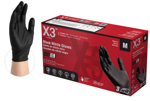 AMMEX BX344100 Disposable Gloves, M, Nitrile, Powder-Free, Black, 9-1/2 in L [SKU: ORG5784566]