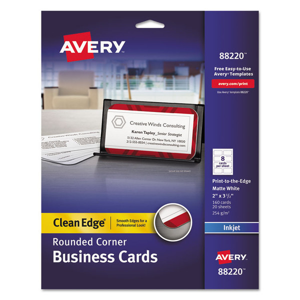 Round Corner Print-to-the-Edge Business Cards, Inkjet, 2 x 3.5, White, 160 Cards, 8 Cards/Sheet, 20 Sheets/Pack [SKU: AVE88220]