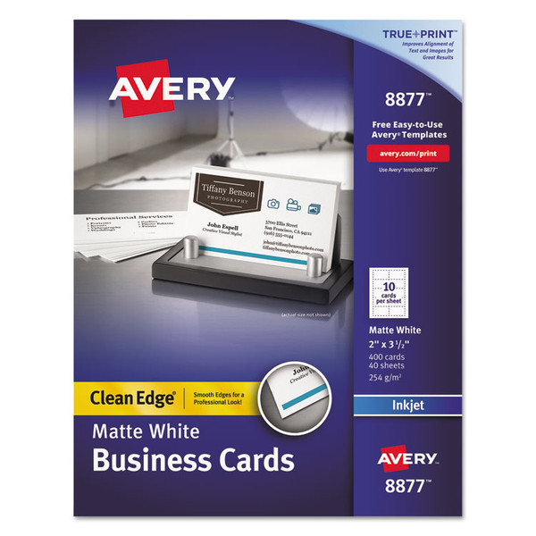 True Print Clean Edge Business Cards, Inkjet, 2 x 3.5, White, 400 Cards, 10 Cards/Sheet, 40 Sheets/Box [SKU: AVE8877]
