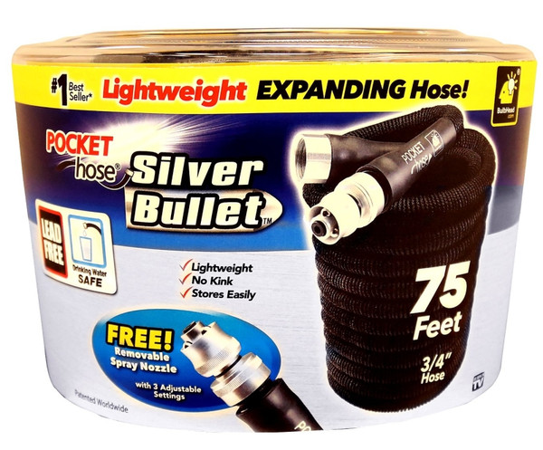 POCKET hose Silver Bullet 13489-12 Expanding Garden Hose, 3/4 in, 75 ft L, Plastic, Black [SKU: ORG2208080]