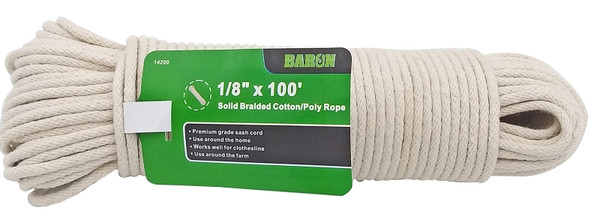 BARON 14200 Rope, 1/8 in Dia, 100 ft L, 18 lb Working Load, Cotton, White [SKU: ORG7458938]