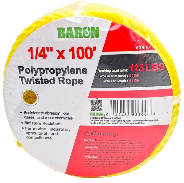 BARON 63800 Rope, 1/4 in Dia, 100 ft L, 113 lb Working Load, Polypropylene, Yellow [SKU: ORG7459407]