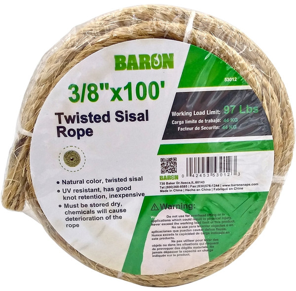 BARON 53012 Rope, 3/8 in Dia, 100 ft L, 87 lb Working Load, Sisal, Natural [SKU: ORG4511853]