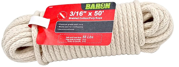 BARON 42605 Sash Cord, 3/16 in Dia, 50 ft L, 56 lb Working Load, Cotton/Poly, White [SKU: ORG9880311]