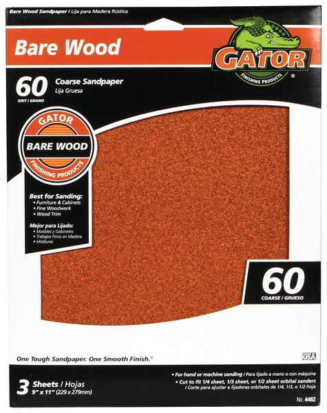 Gator 4462 Sanding Sheet, 11 in L, 9 in W, Coarse, 60 Grit, Garnet Abrasive, Paper Backing [SKU: ORG9511874]