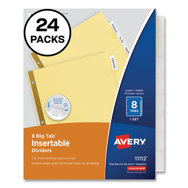 Insertable Big Tab Dividers, 8-Tab, Double-Sided Gold Edge Reinforcing, 11 x 8.5, Buff, Clear Tabs, 24 Sets [SKU: AVE11115]