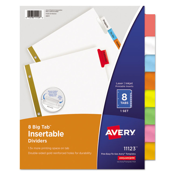Insertable Big Tab Dividers, 8-Tab, Double-Sided Gold Edge Reinforcing, 11 x 8.5, White, Assorted Tabs, 1 Set [SKU: AVE11123]