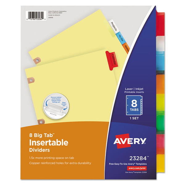 Insertable Big Tab Dividers, 8-Tab, Double-Sided Gold Edge Reinforcing, 11 x 8.5, Buff, Assorted Tabs, 1 Set [SKU: AVE23284]