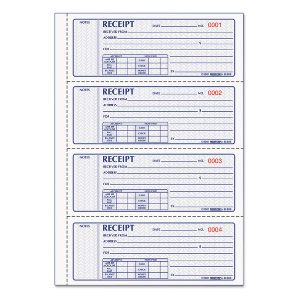 Money Receipt Book, Softcover, Three-Part Carbonless, 7 x 2.75, 4 Forms/Sheet, 100 Forms Total [SKU: RED8L808]