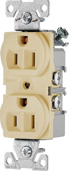 EATON BR15V-SP Duplex Receptacle, 2 -Pole, 15 A, 125 V, Back, Side Wiring, NEMA: 5-15R, Ivory [SKU: ORG6088900]