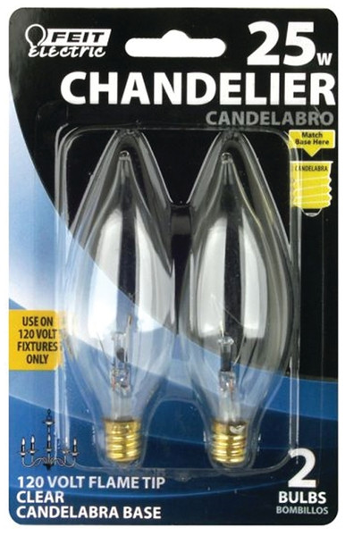 Feit Electric BP25CFC Incandescent Lamp, 25 W, Flame Tip Lamp, Candelabra E12 Lamp Base, 2700 K Color Temp [SKU: ORG6049704]