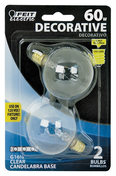 Feit Electric BP60G161/2 Incandescent Lamp, 60 W, G16-1/2 Lamp, Candelabra E12 Lamp Base, 2700 K Color Temp [SKU: ORG6049589]