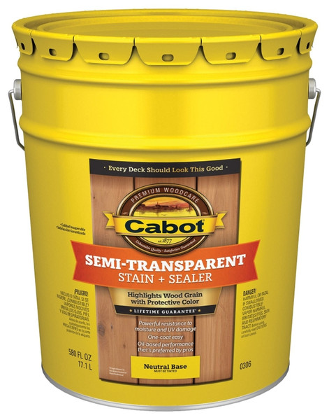 Cabot 300 Series 140.0000306.008 Exterior Stain, Semi-Transparent, Neutral Base, Liquid, 5 gal, Pail [SKU: ORG2014090]