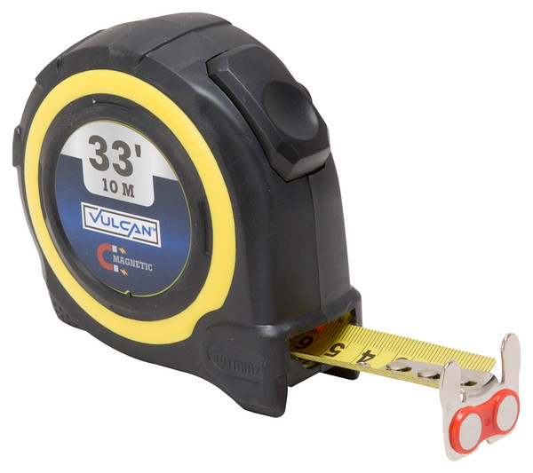 Vulcan 58-10X25-A Tape Measure, 33 ft L Blade, 1 in W Blade, Steel Blade, ABS Plastic Case, Yellow Case [SKU: ORG7822497]