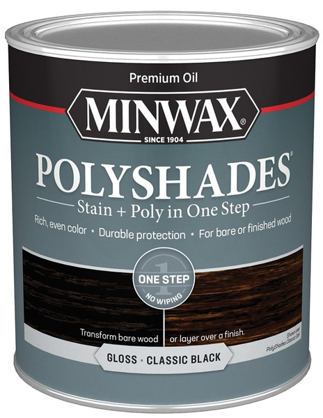 Minwax PolyShades 614950444 Wood Stain and Polyurethane, Gloss, Classic Black, Liquid, 1 qt, Can [SKU: ORG6444897]