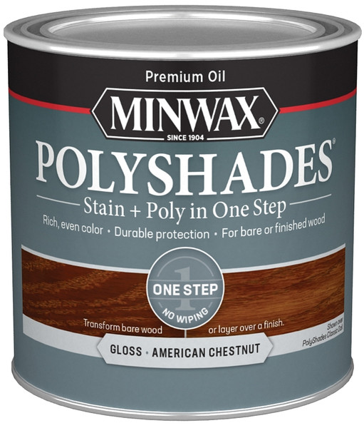 Minwax PolyShades 214754444 Wood Stain and Polyurethane, Gloss, American Chestnut, Liquid, 0.5 pt, Can [SKU: ORG6574347]