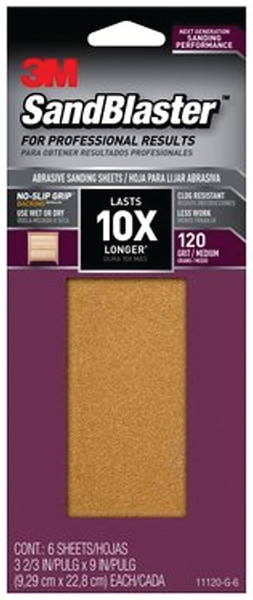 3M SandBlaster Series 11120-G-6 Sandpaper, 9 in L, 3-2/3 in W, 120 Grit, Medium, Aluminum Oxide Abrasive [SKU: ORG7292881]