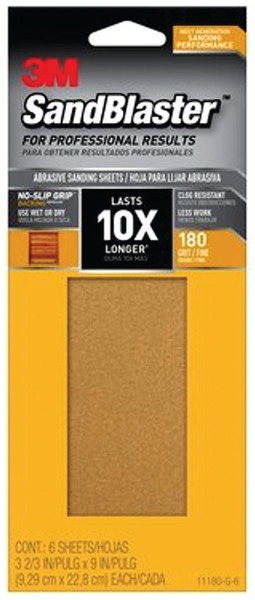 3M SandBlaster Series 11180-G-6 Sandpaper, 9 in L, 3-2/3 in W, 180 Grit, Medium, Synthetic Mineral Abrasive [SKU: ORG7292907]