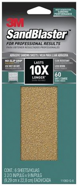 3M SandBlaster Series 11060-G-6 Sandpaper, 9 in L, 3-2/3 in W, 60 Grit, Coarse, Synthetic Mineral Abrasive [SKU: ORG8575268]