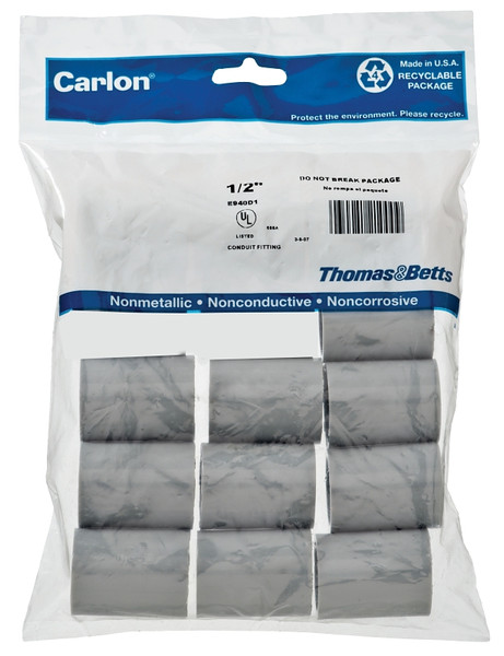 Carlon E940D10-UPC Conduit Coupling, 1/2 in Socket, 0.728 in ID x 1.109375 in OD Dia, 1-1/2 in L, PVC, Gray [SKU: ORG7010333]