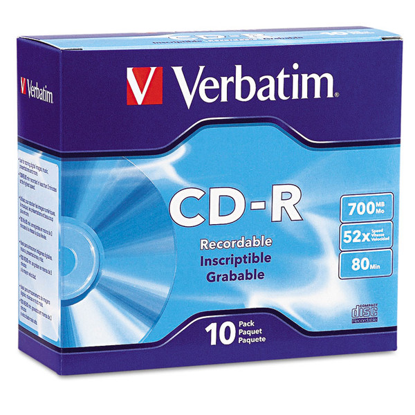 CD-R Recordable Disc, 700 MB/80 min, 52x, Slim Jewel Case, Silver, 10/Pack [SKU: VER94935]