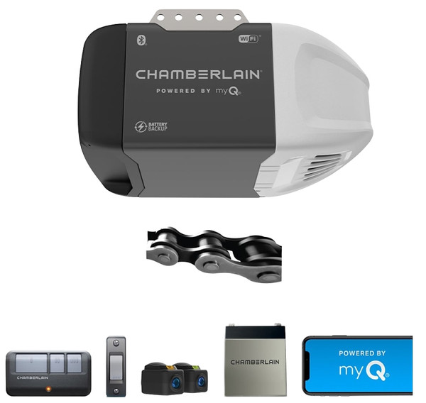 Chamberlain C2212T Garage Door Opener, Battery, Chain Drive, OS: myQ and Security+ 2.0, Gray [SKU: ORG4499984]